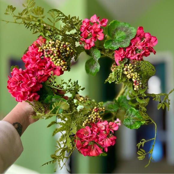 Other - VTG Handmade Faux Floral Pink Large Florals Circle Hanging Wreath Art Decor